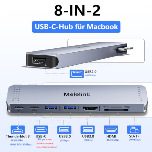 USB C Hub Adapter für MacBook Pro Air, Mac Multiport Adapter 8 in 2