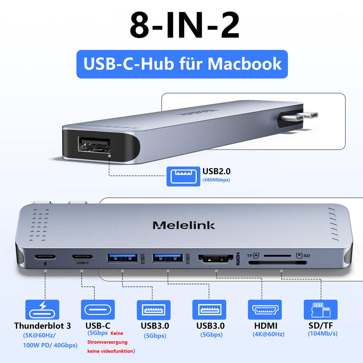 USB C Hub Adapter für MacBook Pro Air, Mac Multiport Adapter 8 in 2