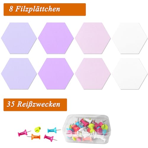 Sechseckige Filz Pinnwand, 8 Stück Selbstklebende Heimwerken Pinnwand mit 35 Pinnnadeln für Büro, Schule, Zuhause, Wanddekoration, Aufkleber, Memos, Foto(Lila & Pink)