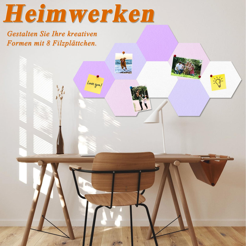 Sechseckige Filz Pinnwand, 8 Stück Selbstklebende Heimwerken Pinnwand mit 35 Pinnnadeln für Büro, Schule, Zuhause, Wanddekoration, Aufkleber, Memos, Foto(Lila & Pink)