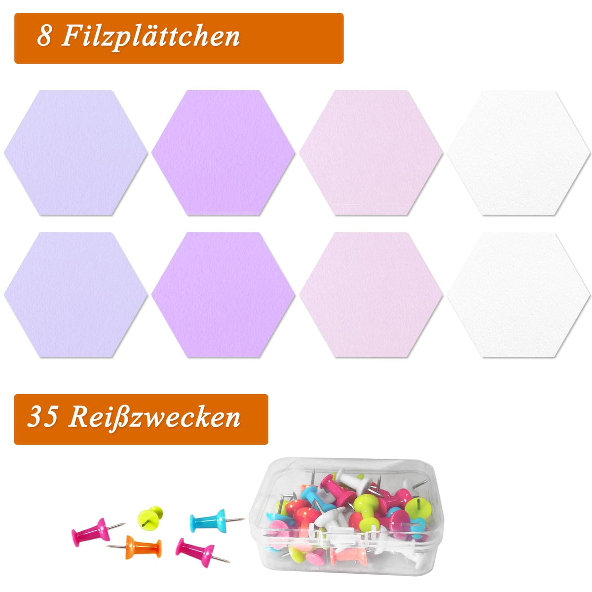 Sechseckige Filz Pinnwand, 8 Stück Selbstklebende Heimwerken Pinnwand mit 35 Pinnnadeln für Büro, Schule, Zuhause, Wanddekoration, Aufkleber, Memos, Foto(Lila & Pink)