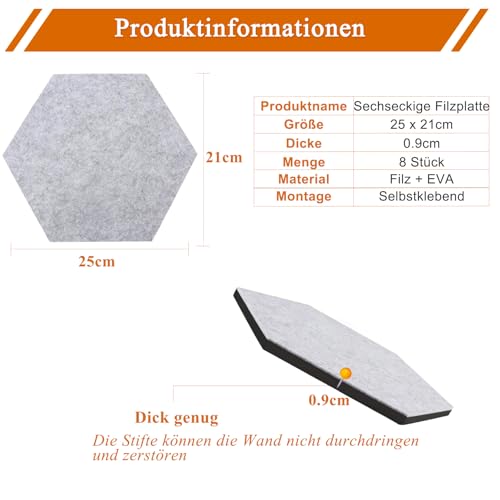 Sechseckige Filz Pinnwand, 8 Stück Selbstklebende Heimwerken Pinnwand mit 35 Pinnnadeln für Büro, Schule, Zuhause, Wanddekoration, Aufkleber, Memos, Foto(Lila & Pink)