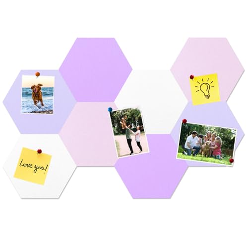 Sechseckige Filz Pinnwand, 8 Stück Selbstklebende Heimwerken Pinnwand mit 35 Pinnnadeln für Büro, Schule, Zuhause, Wanddekoration, Aufkleber, Memos, Foto(Lila & Pink)