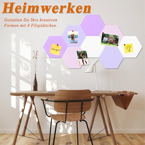Sechseckige Filz Pinnwand, 8 Stück Selbstklebende Heimwerken Pinnwand mit 35 Pinnnadeln für Büro, Schule, Zuhause, Wanddekoration, Aufkleber, Memos, Foto(Lila & Pink)