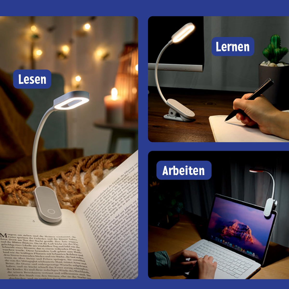 moses. libri_x Klemmleuchte Touch Electric Blue – dimmbares Leselicht