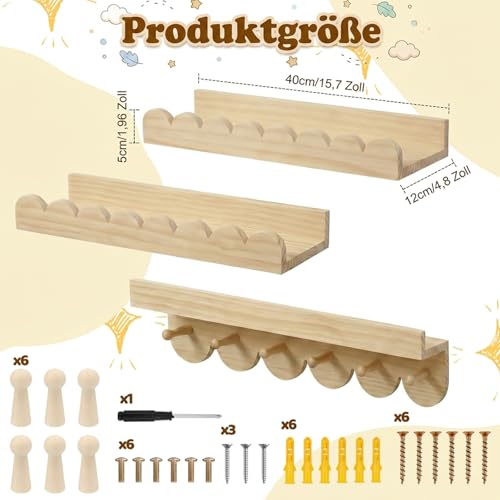 3er Wandregal Kinderzimmer 40cm Bücherregal Kinder Wand mit runden Haken