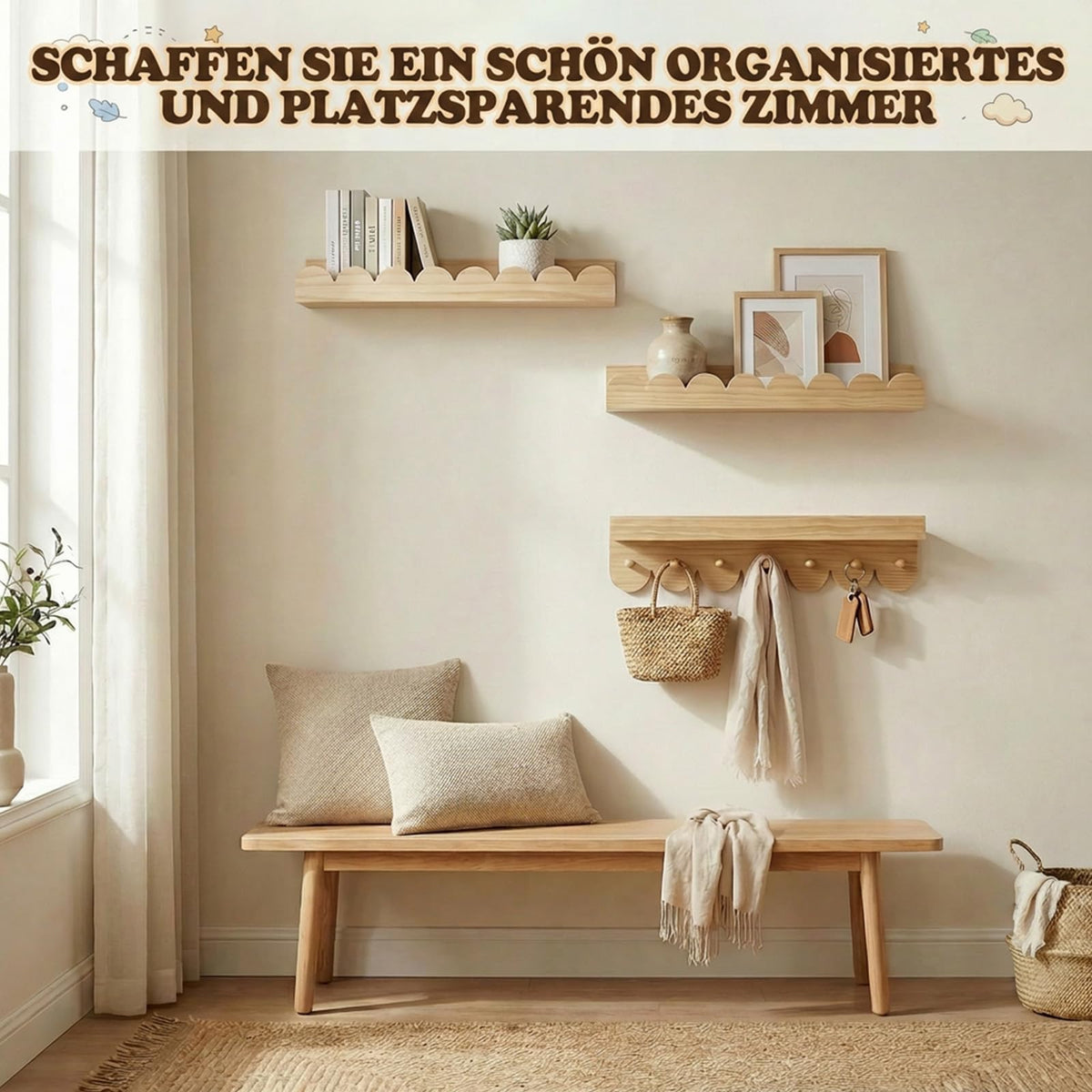 3er Wandregal Kinderzimmer 40cm Bücherregal Kinder Wand mit runden Haken