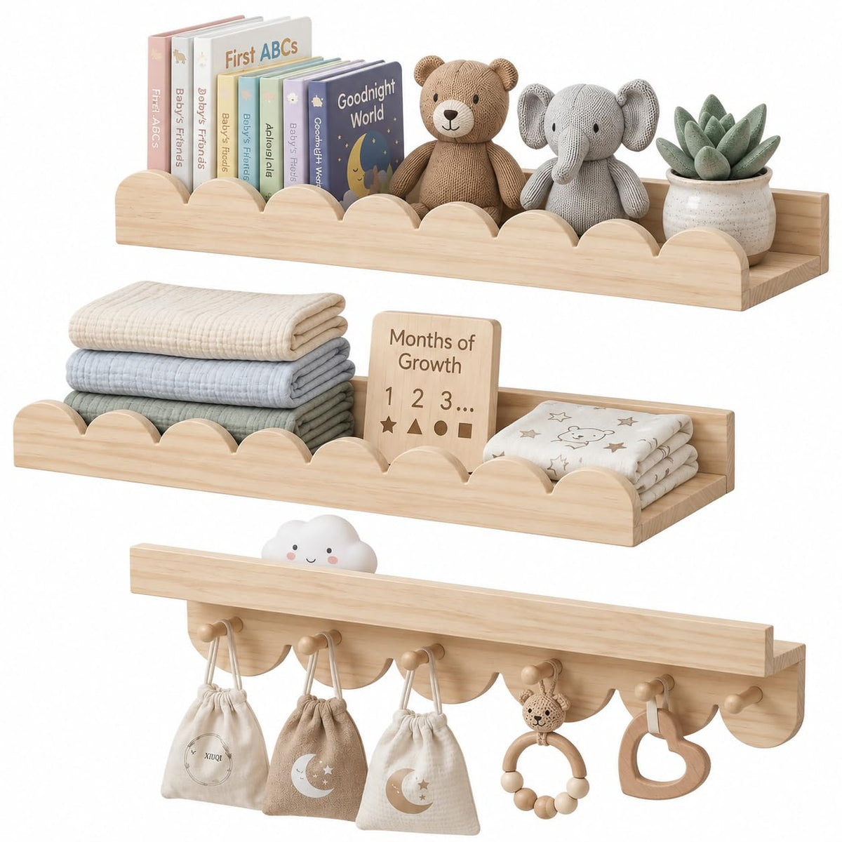 3er Wandregal Kinderzimmer 40cm Bücherregal Kinder Wand mit runden Haken