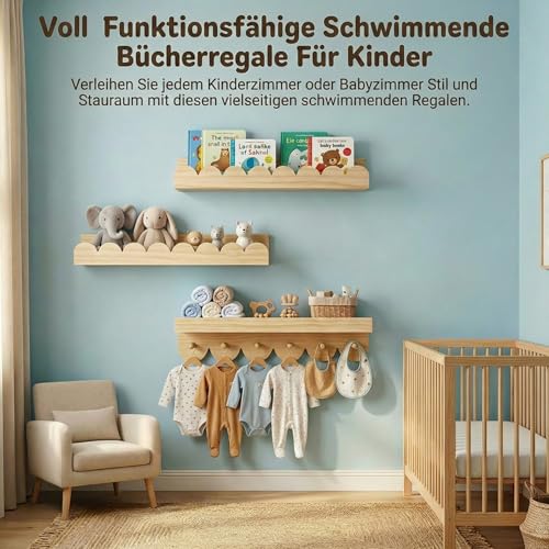 3er Wandregal Kinderzimmer 40cm Bücherregal Kinder Wand mit runden Haken