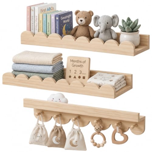 3er Wandregal Kinderzimmer 40cm Bücherregal Kinder Wand mit runden Haken