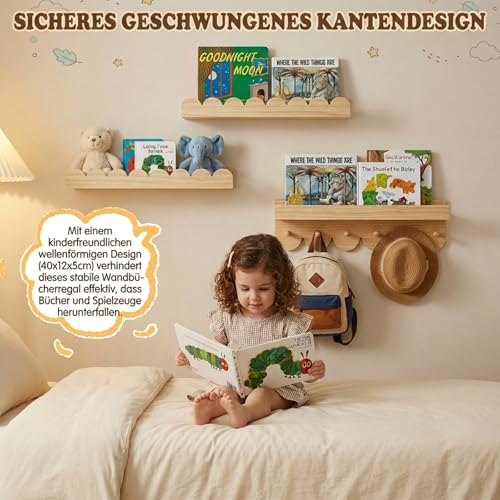3er Wandregal Kinderzimmer 40cm Bücherregal Kinder Wand mit runden Haken