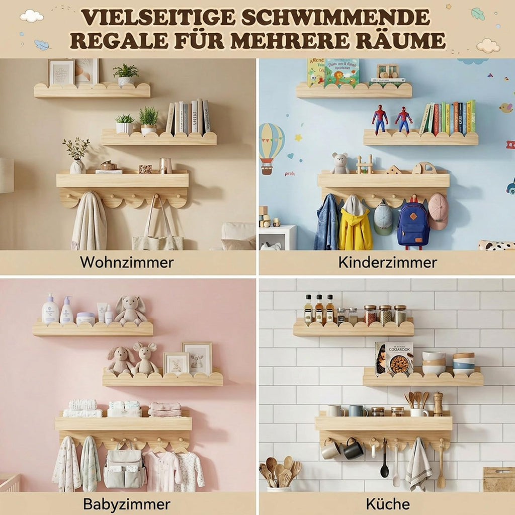 3er Wandregal Kinderzimmer 40cm Bücherregal Kinder Wand mit runden Haken