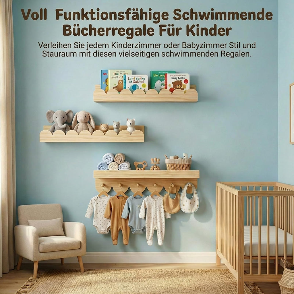 3er Wandregal Kinderzimmer 40cm Bücherregal Kinder Wand mit runden Haken