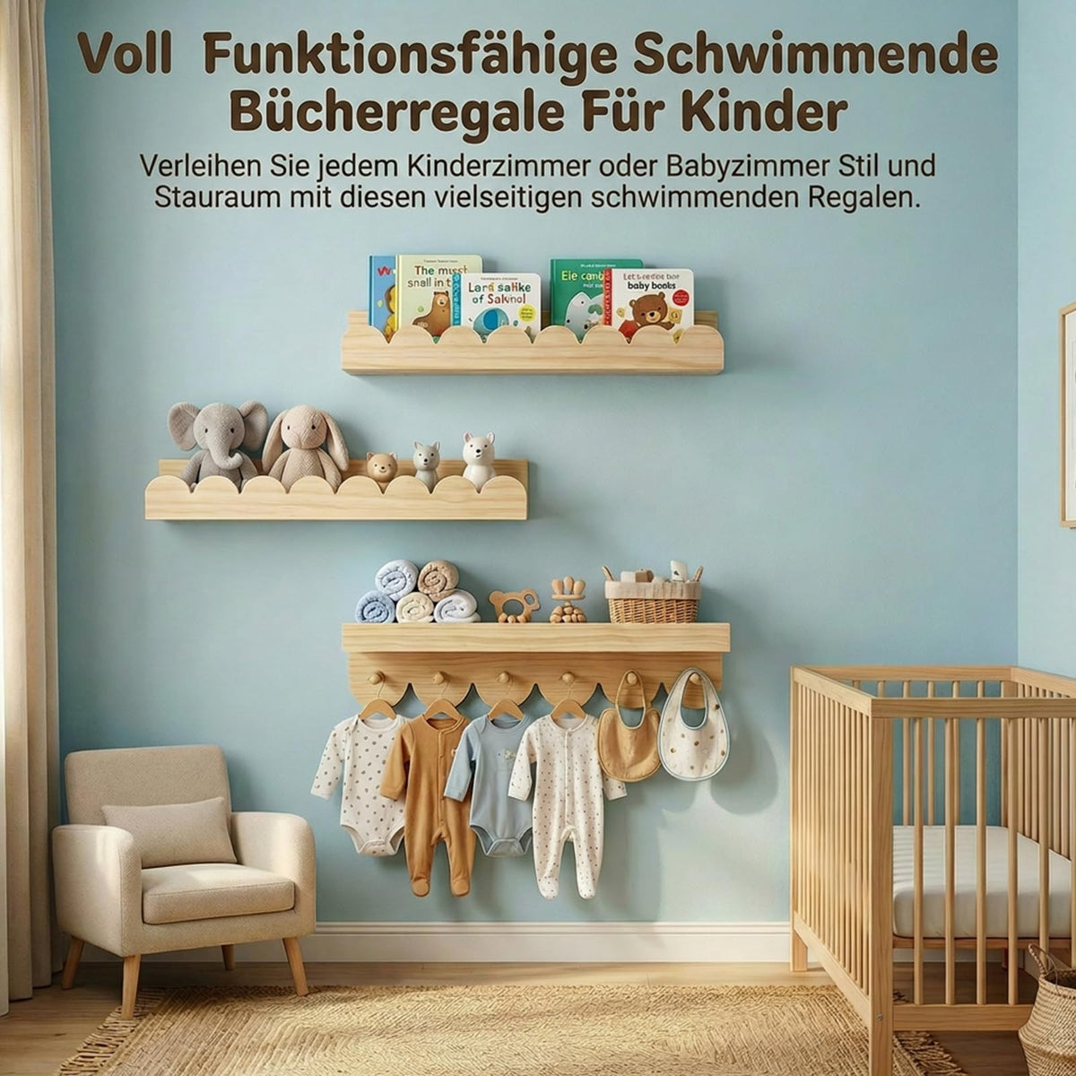 3er Wandregal Kinderzimmer 40cm Bücherregal Kinder Wand mit runden Haken