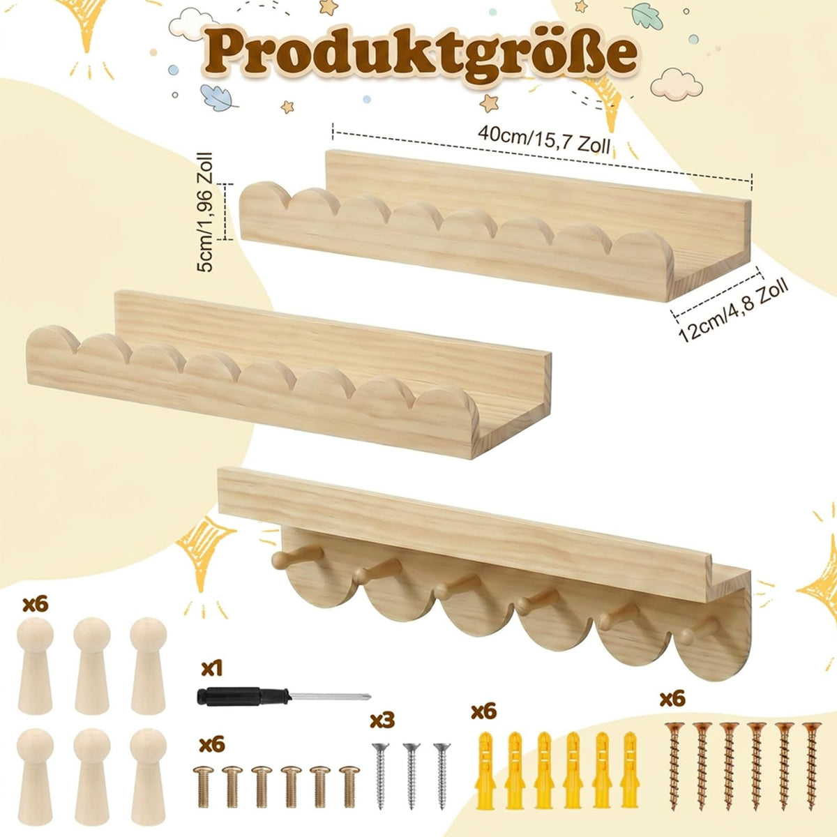 3er Wandregal Kinderzimmer 40cm Bücherregal Kinder Wand mit runden Haken