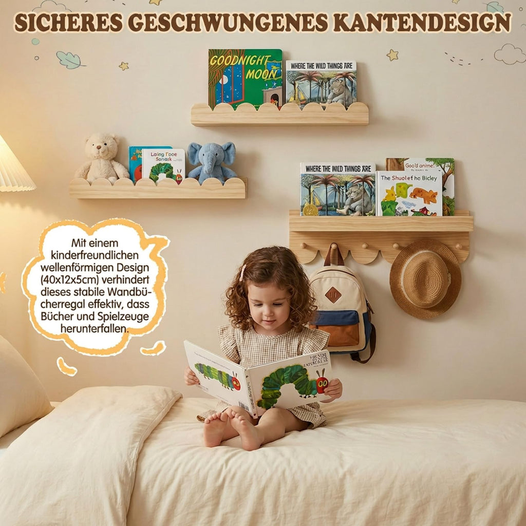 3er Wandregal Kinderzimmer 40cm Bücherregal Kinder Wand mit runden Haken