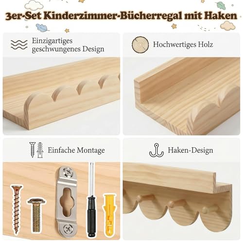 3er Wandregal Kinderzimmer 40cm Bücherregal Kinder Wand mit runden Haken
