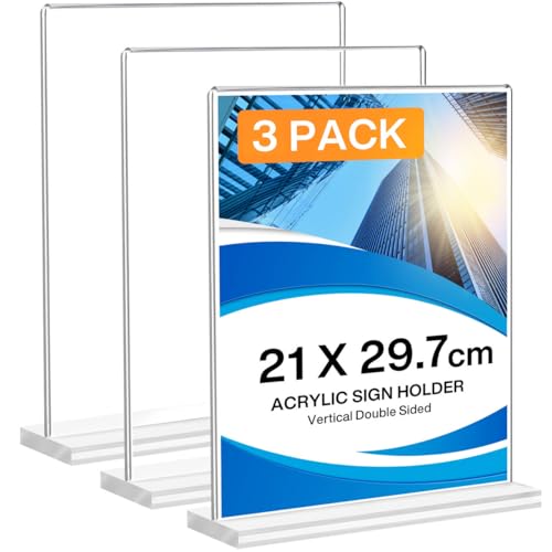 DoubleCare 3 Stück A4 Aufsteller, Doppelseitiges Transparentes Tischaufsteller, T-Förmiger Vertikaler Acryl Ständer, Tischaufsteller für Werbung, Speisekarte, Hinweisschild Dokumenten