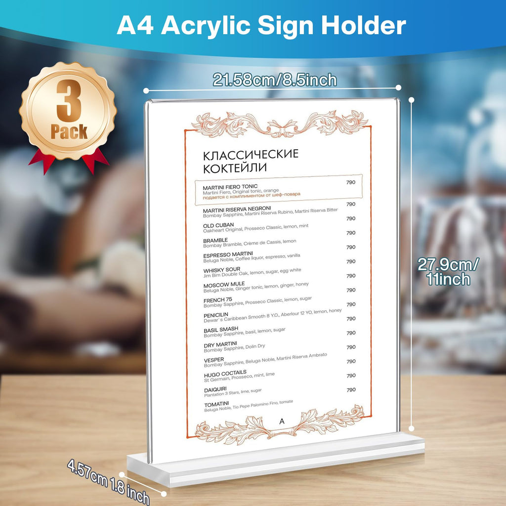 DoubleCare 3 Stück A4 Aufsteller, Doppelseitiges Transparentes Tischaufsteller, T-Förmiger Vertikaler Acryl Ständer, Tischaufsteller für Werbung, Speisekarte, Hinweisschild Dokumenten