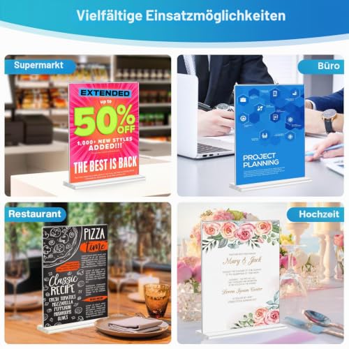 DoubleCare 3 Stück A4 Aufsteller, Doppelseitiges Transparentes Tischaufsteller, T-Förmiger Vertikaler Acryl Ständer, Tischaufsteller für Werbung, Speisekarte, Hinweisschild Dokumenten