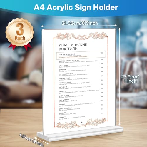 DoubleCare 3 Stück A4 Aufsteller, Doppelseitiges Transparentes Tischaufsteller, T-Förmiger Vertikaler Acryl Ständer, Tischaufsteller für Werbung, Speisekarte, Hinweisschild Dokumenten