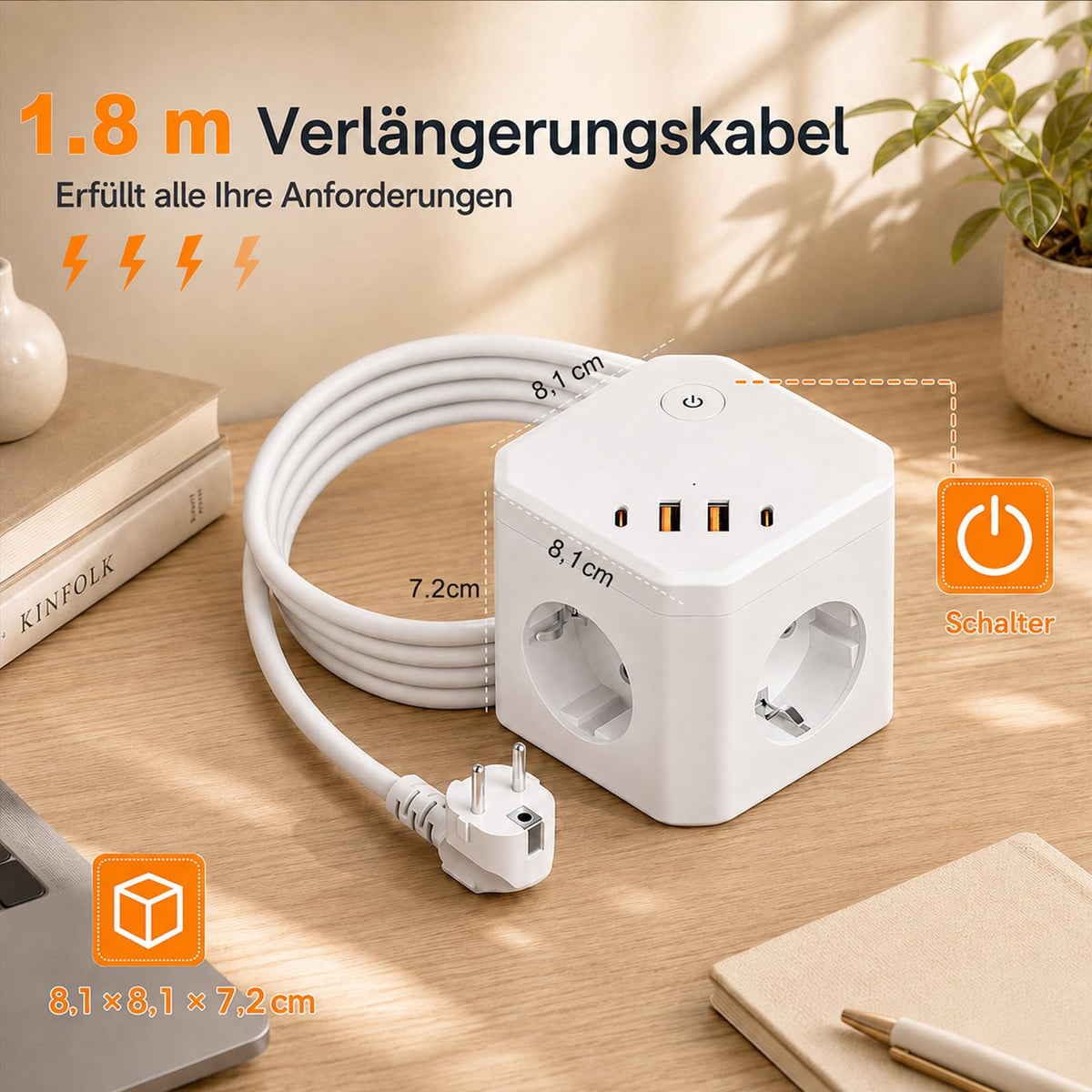 8 in 1 Steckdosenwürfel mit USB, 4-Fach Mehrfachsteckdose mit 4 USB-Ports, Überspannungsschutz & Schalter – Steckdosenleiste mit Verlängerungskabel für Schreibtisch, Büro & Zuhause