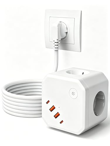 8 in 1 Steckdosenwürfel mit USB, 4-Fach Mehrfachsteckdose mit 4 USB-Ports, Überspannungsschutz & Schalter – Steckdosenleiste mit Verlängerungskabel für Schreibtisch, Büro & Zuhause