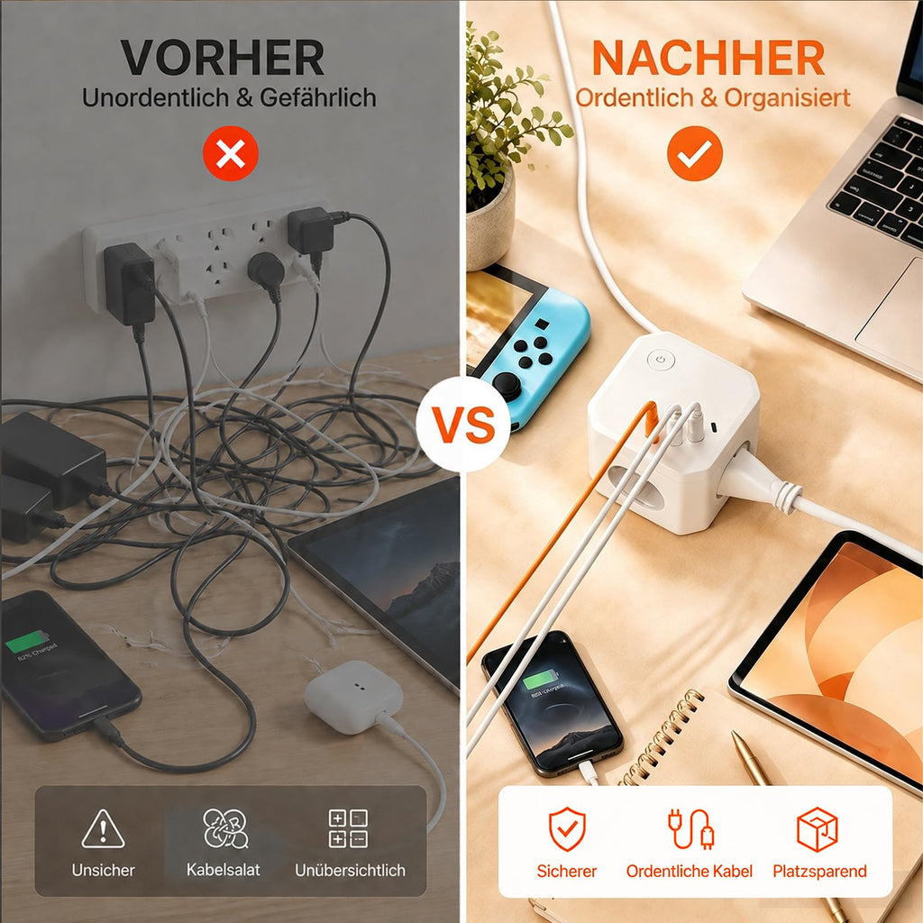 8 in 1 Steckdosenwürfel mit USB, 4-Fach Mehrfachsteckdose mit 4 USB-Ports, Überspannungsschutz & Schalter – Steckdosenleiste mit Verlängerungskabel für Schreibtisch, Büro & Zuhause