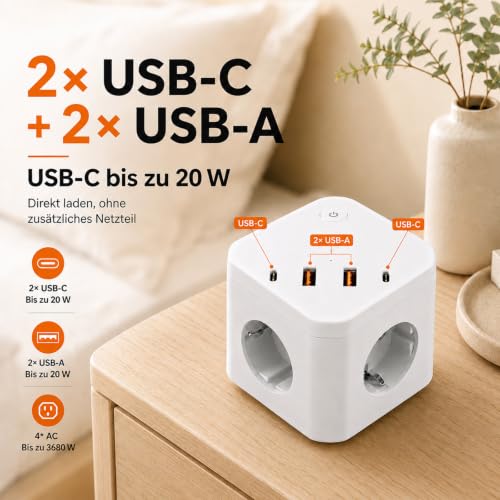 8 in 1 Steckdosenwürfel mit USB, 4-Fach Mehrfachsteckdose mit 4 USB-Ports, Überspannungsschutz & Schalter – Steckdosenleiste mit Verlängerungskabel für Schreibtisch, Büro & Zuhause