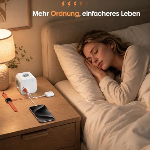 8 in 1 Steckdosenwürfel mit USB, 4-Fach Mehrfachsteckdose mit 4 USB-Ports, Überspannungsschutz & Schalter – Steckdosenleiste mit Verlängerungskabel für Schreibtisch, Büro & Zuhause