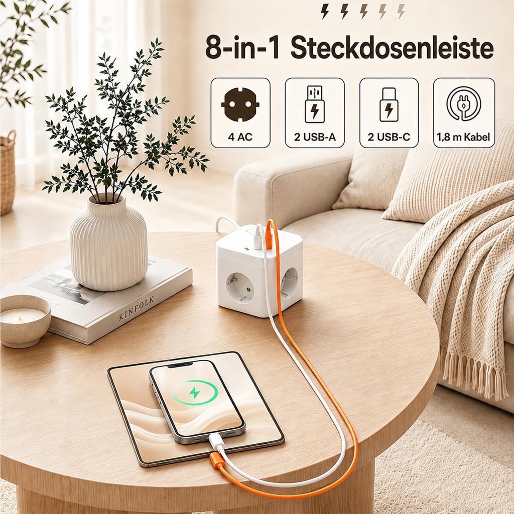 8 in 1 Steckdosenwürfel mit USB, 4-Fach Mehrfachsteckdose mit 4 USB-Ports, Überspannungsschutz & Schalter – Steckdosenleiste mit Verlängerungskabel für Schreibtisch, Büro & Zuhause