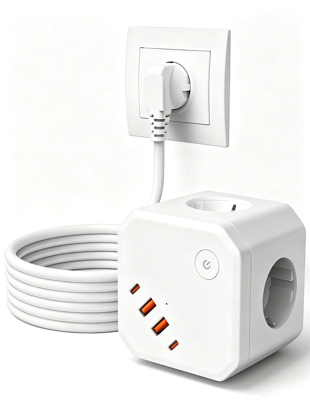 8 in 1 Steckdosenwürfel mit USB, 4-Fach Mehrfachsteckdose mit 4 USB-Ports, Überspannungsschutz & Schalter – Steckdosenleiste mit Verlängerungskabel für Schreibtisch, Büro & Zuhause
