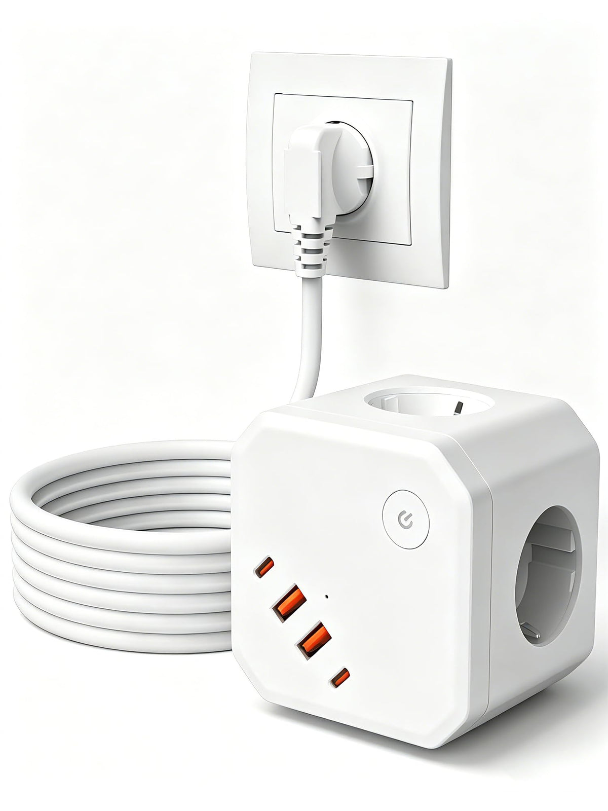 8 in 1 Steckdosenwürfel mit USB, 4-Fach Mehrfachsteckdose mit 4 USB-Ports, Überspannungsschutz & Schalter – Steckdosenleiste mit Verlängerungskabel für Schreibtisch, Büro & Zuhause