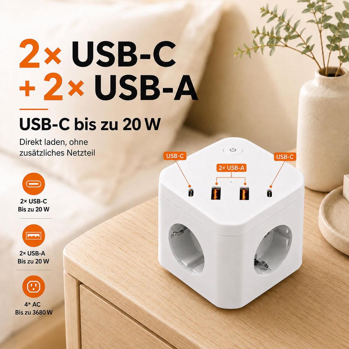 8 in 1 Steckdosenwürfel mit USB, 4-Fach Mehrfachsteckdose mit 4 USB-Ports, Überspannungsschutz & Schalter – Steckdosenleiste mit Verlängerungskabel für Schreibtisch, Büro & Zuhause