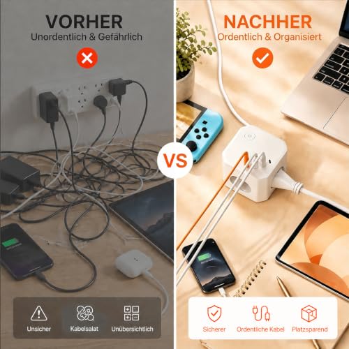 8 in 1 Steckdosenwürfel mit USB, 4-Fach Mehrfachsteckdose mit 4 USB-Ports, Überspannungsschutz & Schalter – Steckdosenleiste mit Verlängerungskabel für Schreibtisch, Büro & Zuhause