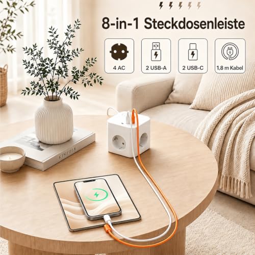 8 in 1 Steckdosenwürfel mit USB, 4-Fach Mehrfachsteckdose mit 4 USB-Ports, Überspannungsschutz & Schalter – Steckdosenleiste mit Verlängerungskabel für Schreibtisch, Büro & Zuhause