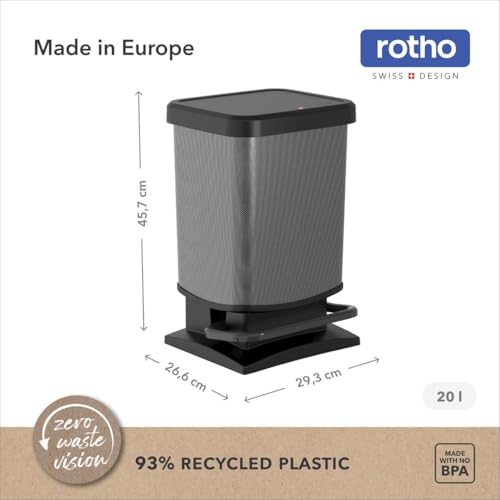 Rotho Paso Mülleimer 20l mit Pedal und Deckel, Kunststoff (PP) BPA-frei, carbonmetallic, 20l (29.3 x 26.6 x 45.7 cm)