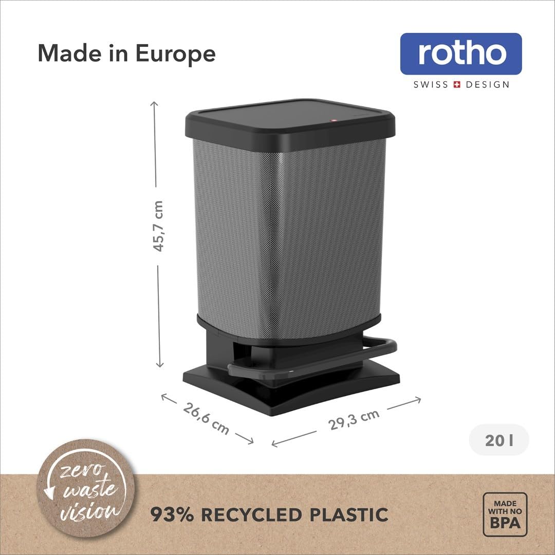 Rotho Paso Mülleimer 20l mit Pedal und Deckel, Kunststoff (PP) BPA-frei, carbonmetallic, 20l (29.3 x 26.6 x 45.7 cm)