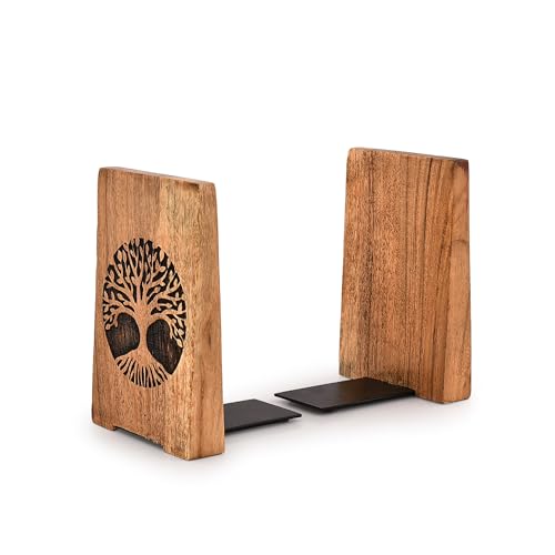 EDHAS Dekorative Buchstützen aus Eisen und Akazienholz, dekoratives Bücherregal, robuste Buchstützen, Schreibtisch-Organisation, Bücher (10,2 x 10,2 x 15,2 cm), 2 Stück