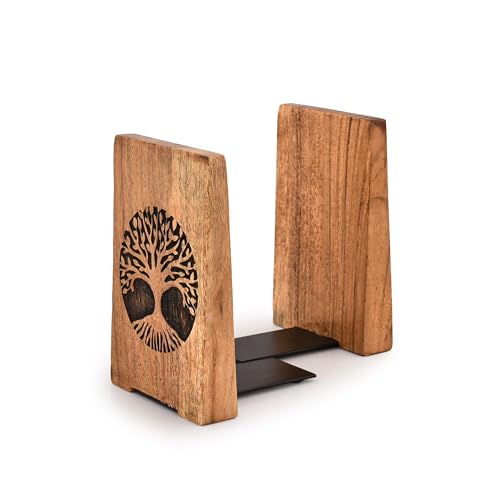 EDHAS Dekorative Buchstützen aus Eisen und Akazienholz, dekoratives Bücherregal, robuste Buchstützen, Schreibtisch-Organisation, Bücher (10,2 x 10,2 x 15,2 cm), 2 Stück