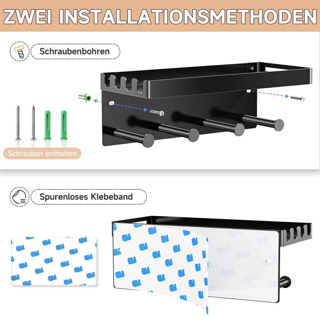 YYBO Hundegarderobe Schlüsselbrett Mit Ablage, Schlüsselhalter Wand, Schlüsselablage Schwarz, Metall Hundeleinen Halterung Wand für Flur, Eingangsbereich, Selbstklebend or Bohren