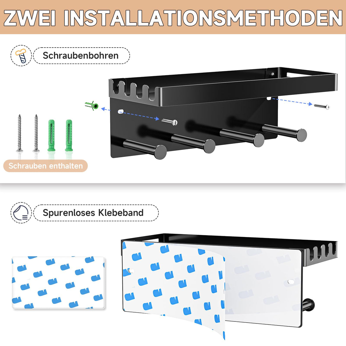 YYBO Hundegarderobe Schlüsselbrett Mit Ablage, Schlüsselhalter Wand, Schlüsselablage Schwarz, Metall Hundeleinen Halterung Wand für Flur, Eingangsbereich, Selbstklebend or Bohren