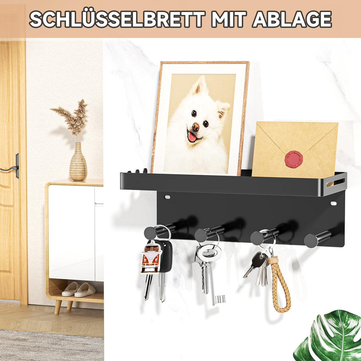 YYBO Hundegarderobe Schlüsselbrett Mit Ablage, Schlüsselhalter Wand, Schlüsselablage Schwarz, Metall Hundeleinen Halterung Wand für Flur, Eingangsbereich, Selbstklebend or Bohren