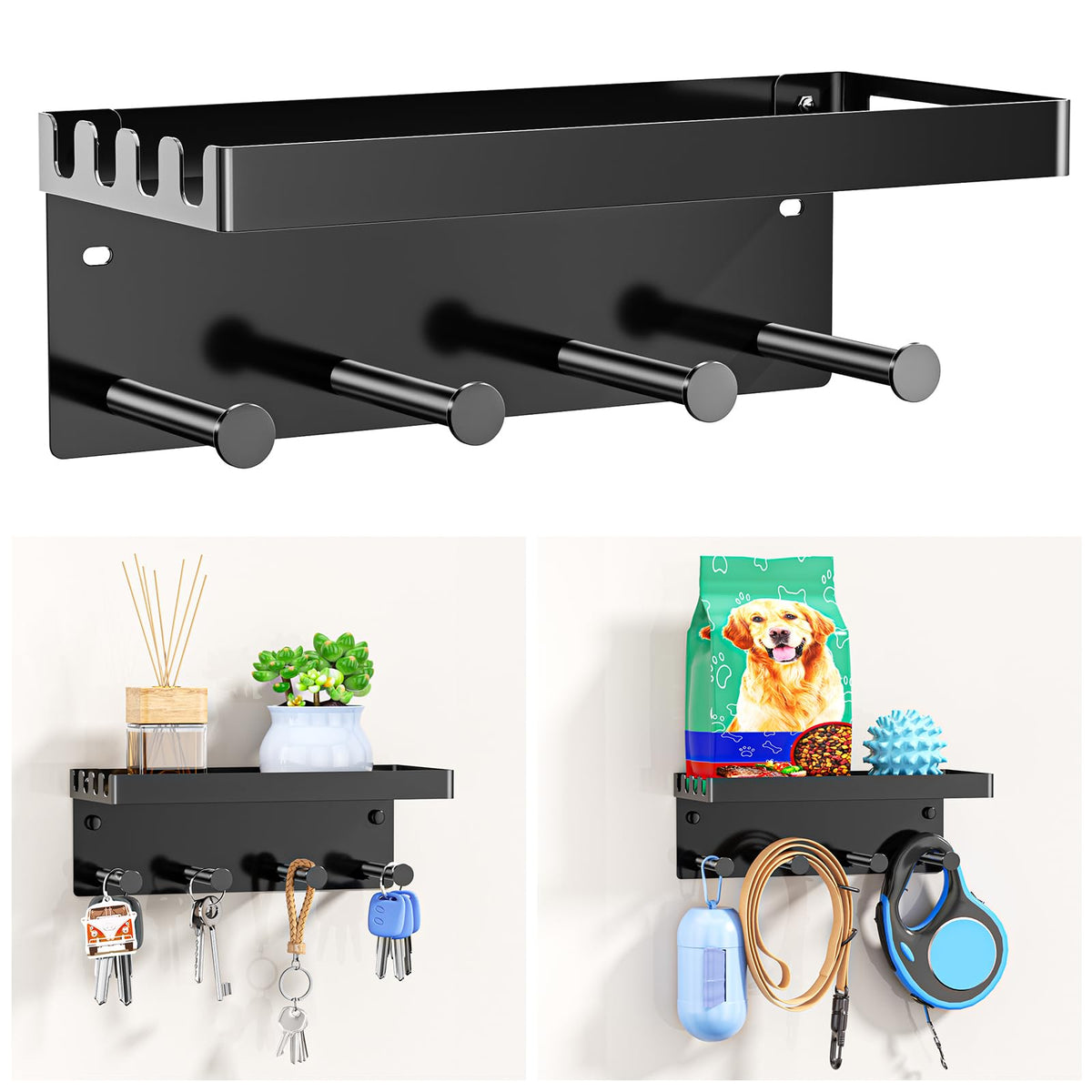 YYBO Hundegarderobe Schlüsselbrett Mit Ablage, Schlüsselhalter Wand, Schlüsselablage Schwarz, Metall Hundeleinen Halterung Wand für Flur, Eingangsbereich, Selbstklebend or Bohren