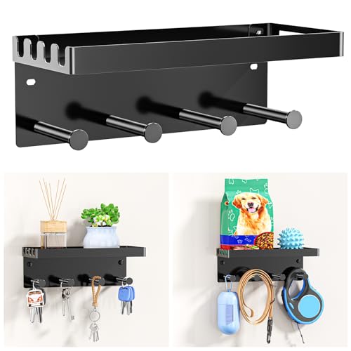 YYBO Hundegarderobe Schlüsselbrett Mit Ablage, Schlüsselhalter Wand, Schlüsselablage Schwarz, Metall Hundeleinen Halterung Wand für Flur, Eingangsbereich, Selbstklebend or Bohren