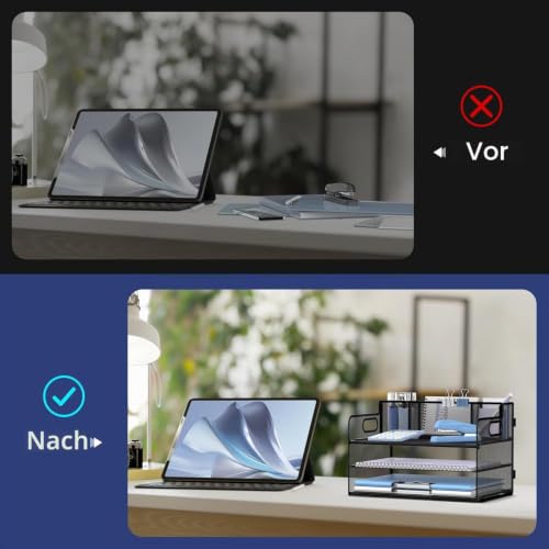 Schreibtisch-Organizer mit 3 Etagen, mit Griff und 3 Stifthaltern, Netz-Papier-/Akten-Organizer für den Schreibtisch, Papier-Briefablage für Bürobedarf, Schwarz