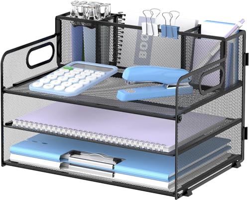 Schreibtisch-Organizer mit 3 Etagen, mit Griff und 3 Stifthaltern, Netz-Papier-/Akten-Organizer für den Schreibtisch, Papier-Briefablage für Bürobedarf, Schwarz