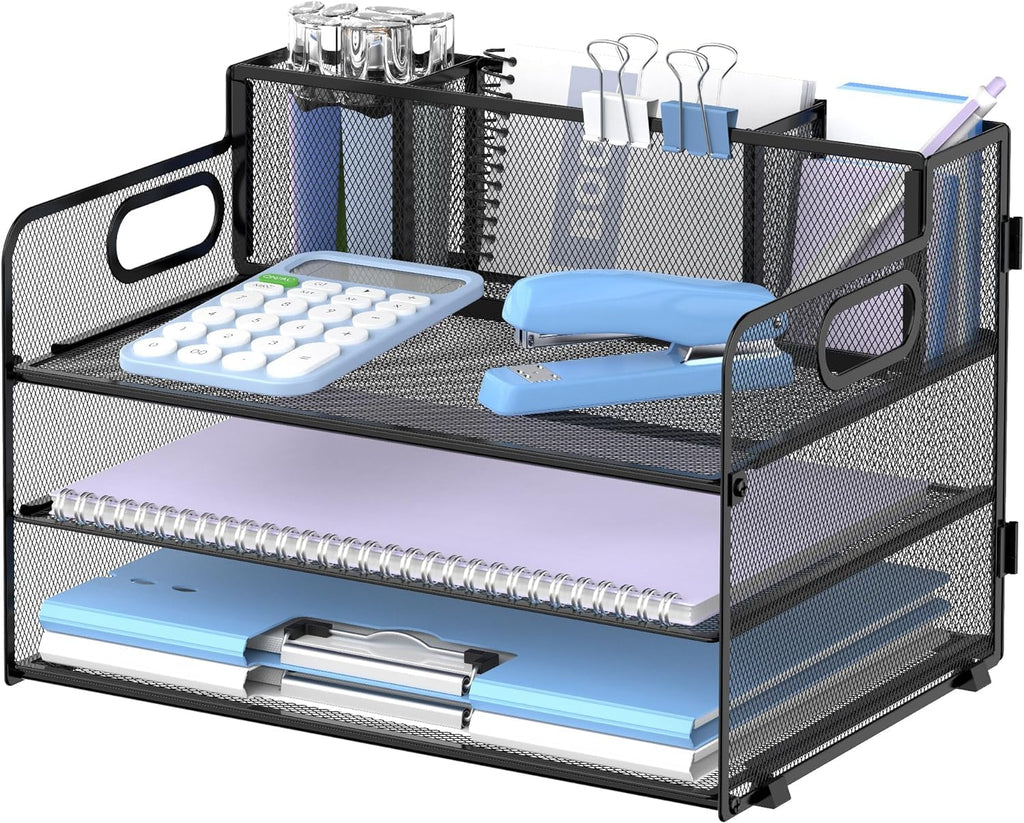 Schreibtisch-Organizer mit 3 Etagen, mit Griff und 3 Stifthaltern, Netz-Papier-/Akten-Organizer für den Schreibtisch, Papier-Briefablage für Bürobedarf, Schwarz