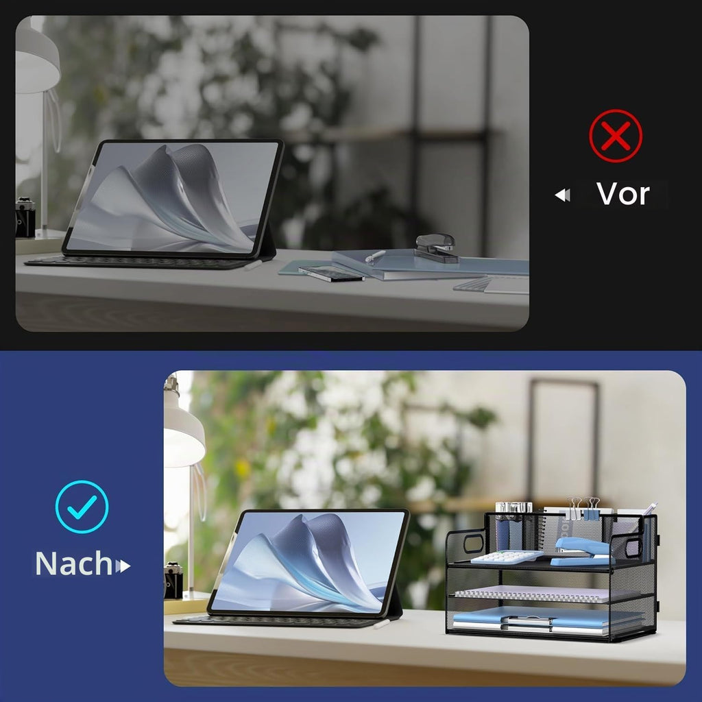 Schreibtisch-Organizer mit 3 Etagen, mit Griff und 3 Stifthaltern, Netz-Papier-/Akten-Organizer für den Schreibtisch, Papier-Briefablage für Bürobedarf, Schwarz