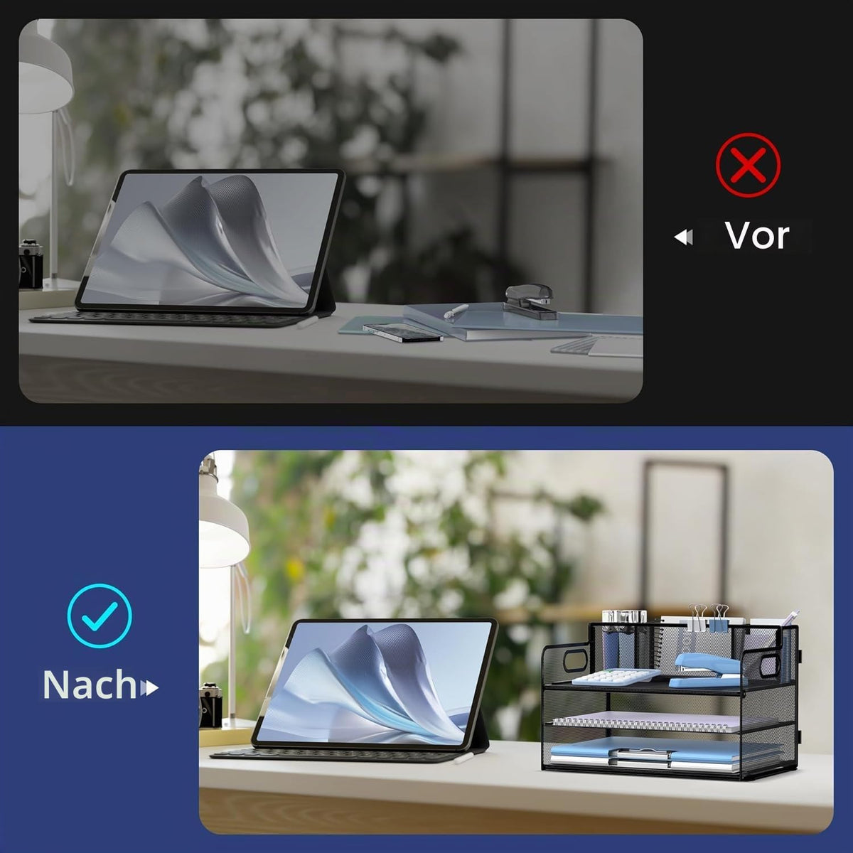 Schreibtisch-Organizer mit 3 Etagen, mit Griff und 3 Stifthaltern, Netz-Papier-/Akten-Organizer für den Schreibtisch, Papier-Briefablage für Bürobedarf, Schwarz